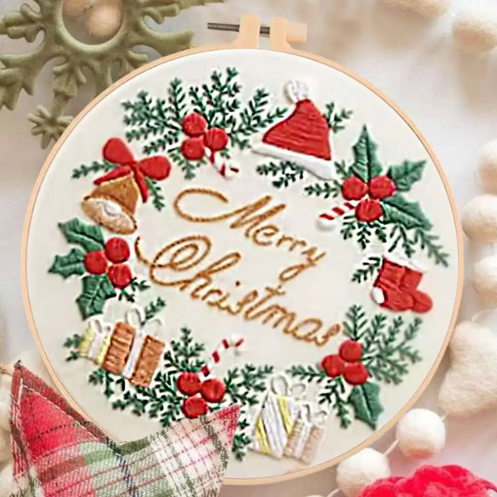 1Pc Embroidery Kit&Hoop Christmas Wreath Included Hand Cross-Stitch Kit Adults
