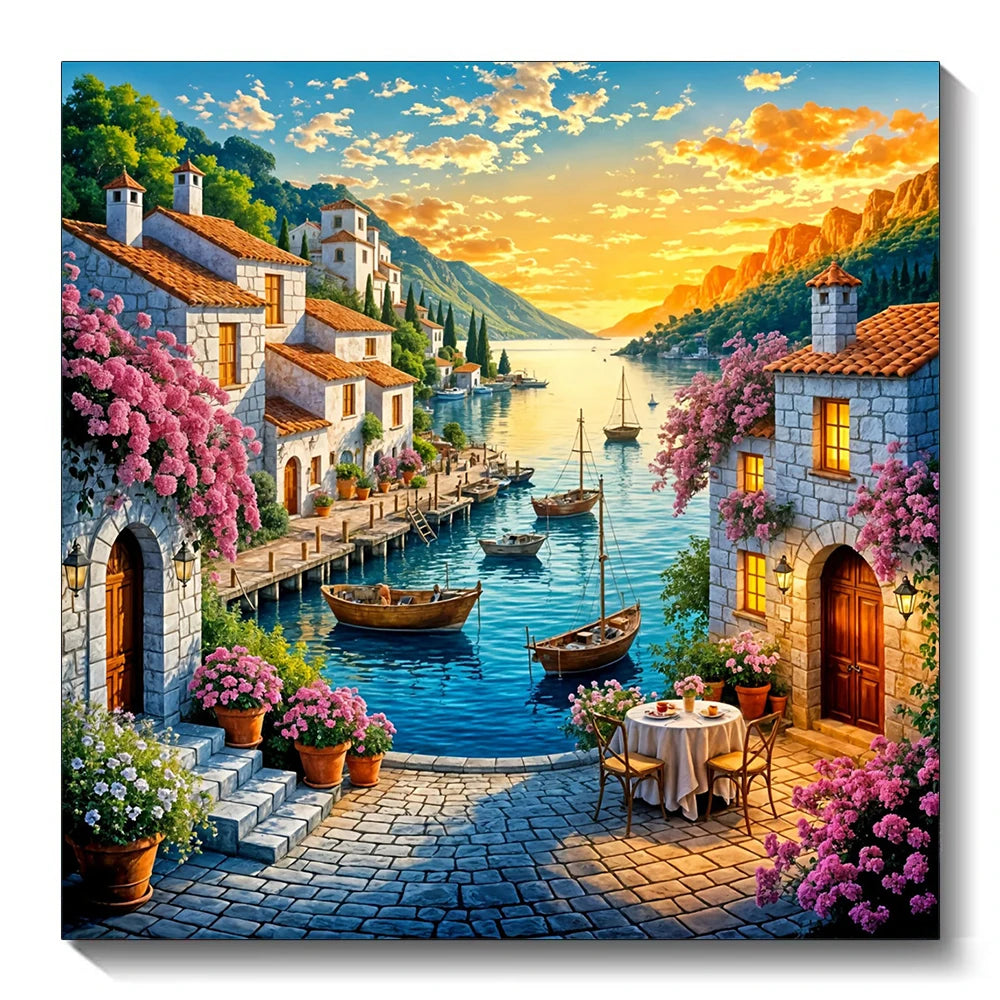 Full Square Round Diamond Mosaic House Landscape DIY Painting Town Ship New Arrival Embroidery Seaside Unique Gift