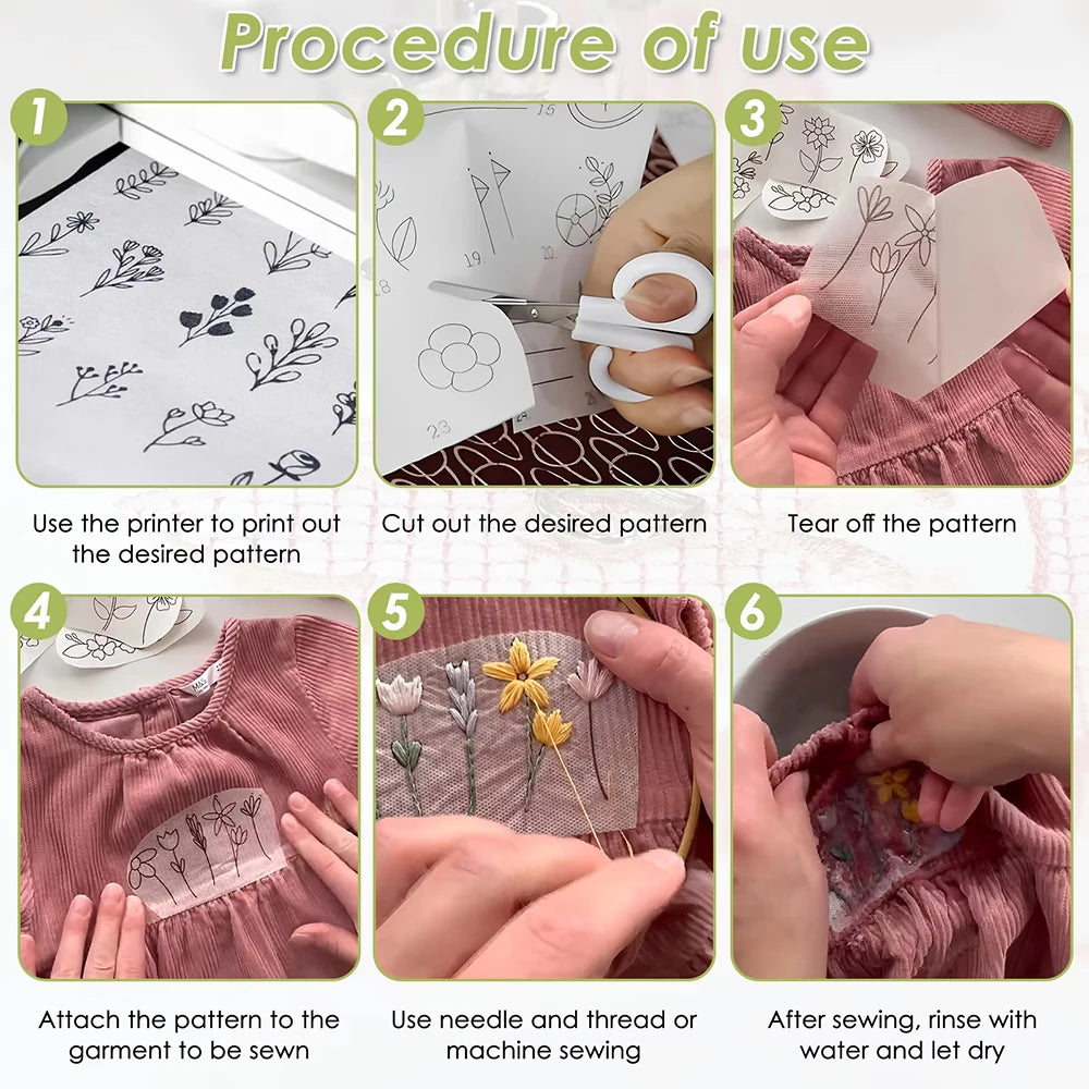 5/10pcs Water Soluble Embroidery Stabilizer Hand Embroidered Patterns Printable Paper Sewing DIY Accessories for Freely Printed
