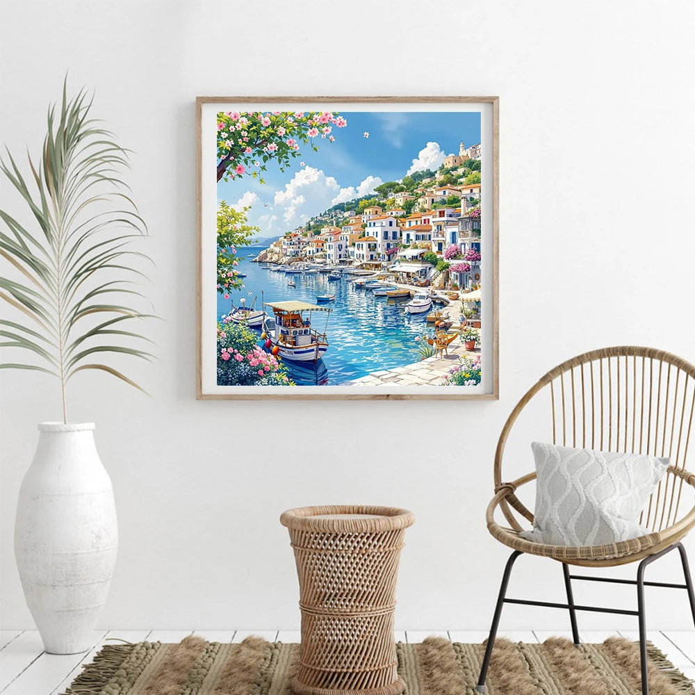 Full Square Round Diamond Mosaic House Landscape DIY Painting Town Ship New Arrival Embroidery Seaside Unique Gift
