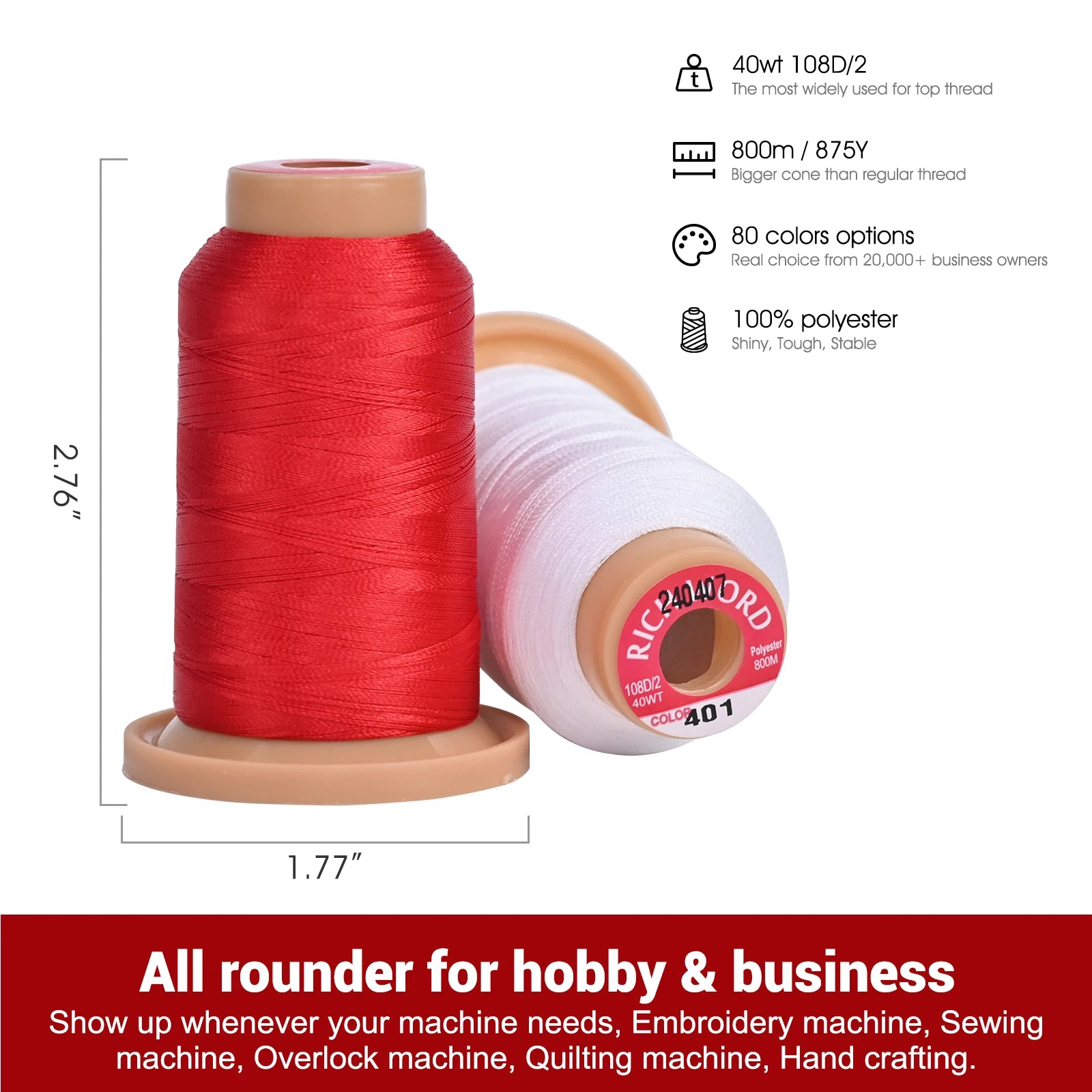 RICHWORD 40Pcs Colors Embroidery Threads 800M (875Y) Polyester Thread Kit