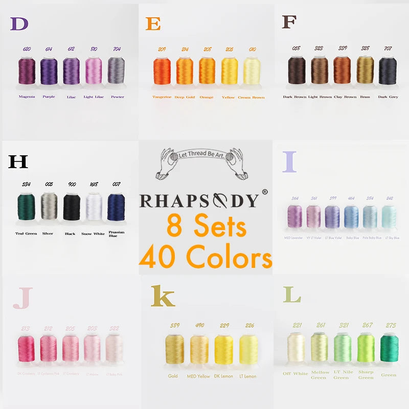 Rhapsody 40WT Polyester Embroidery Machine Thread 550Y 60 Colors
