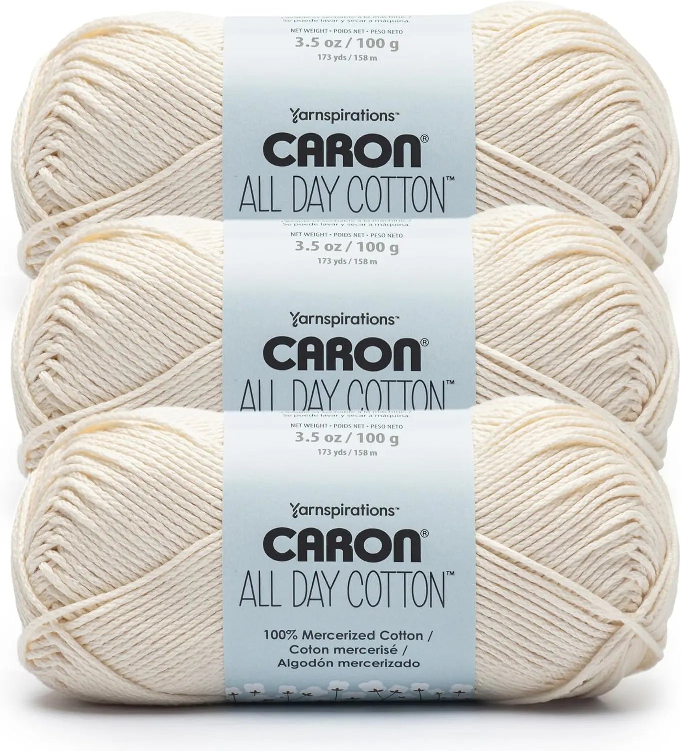 3-Pack 100% Mercerized Cotton Yarn, 173 Yards Each, Cream Color for Knitting and Crochet