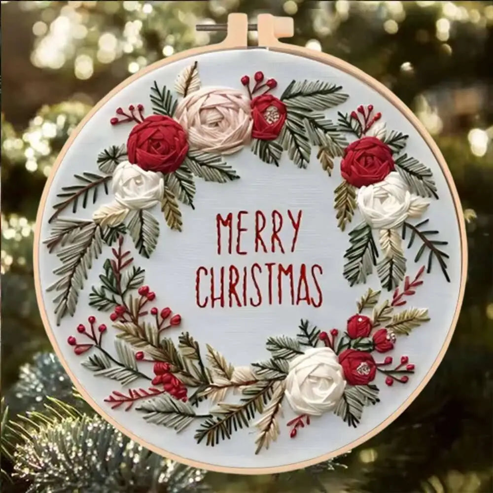 1Pc Embroidery Kit&Hoop Christmas Wreath Included Hand Cross-Stitch Kit Adults