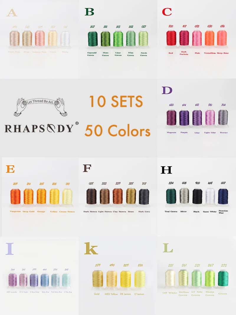 Rhapsody 40WT Polyester Embroidery Machine Thread 550Y 60 Colors