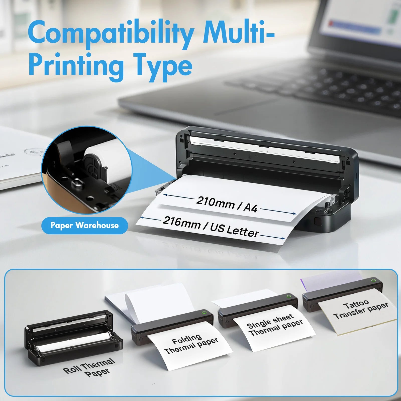 Portable Printers Wireless Inkless Thermal A4 Label Maker US Letter/A4/A5/B5
