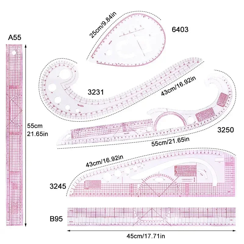 6-Piece French Curve Ruler Set - Flexible Tailoring Templates for Dressmaking